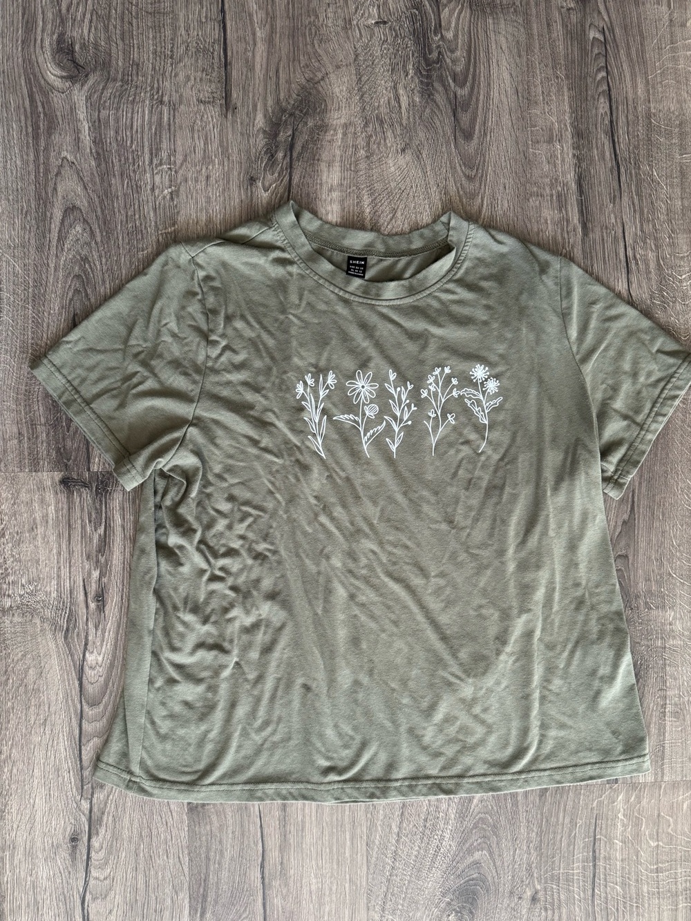 Olive Green T-Shirt with White Floral Graphic